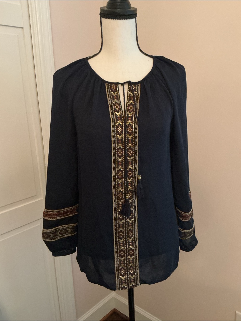 Chico's Navy Embroidered Peasant Blouse with Tassel Tie